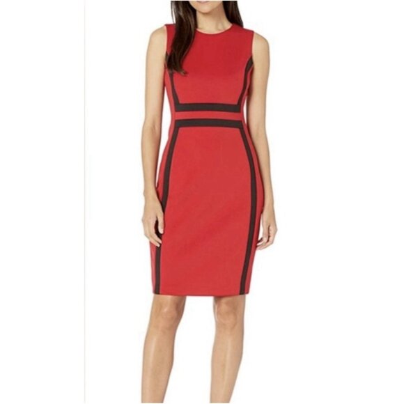 Calvin Klein Scuba Dress 20W Red Black Trim Sleeveless Career Church Party - Picture 1 of 10